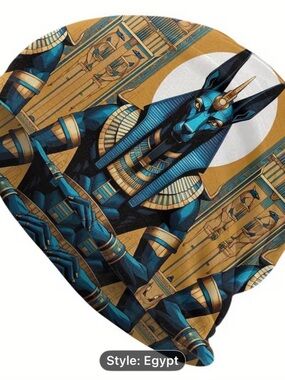 Egyptian Anubis Print Beanie Hat - Blue & Gold